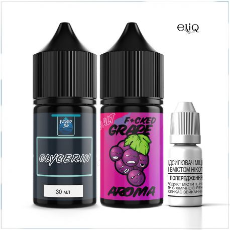 Набір для F*cked Lab Grape Salt MIX Kit 50 мг 30 мл: ароматизатор, гліцерин і нікобустер на білому фоні