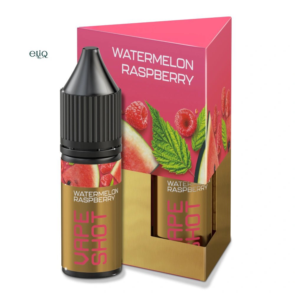 Набір VAPE SHOT Watermelon Raspberry 15 мл — флакон перед коробкою на білому фоні