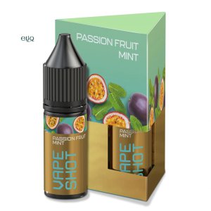 Набір VAPE SHOT Passion Fruit - Mint 15 мл — флакон перед коробкою на білому фоні