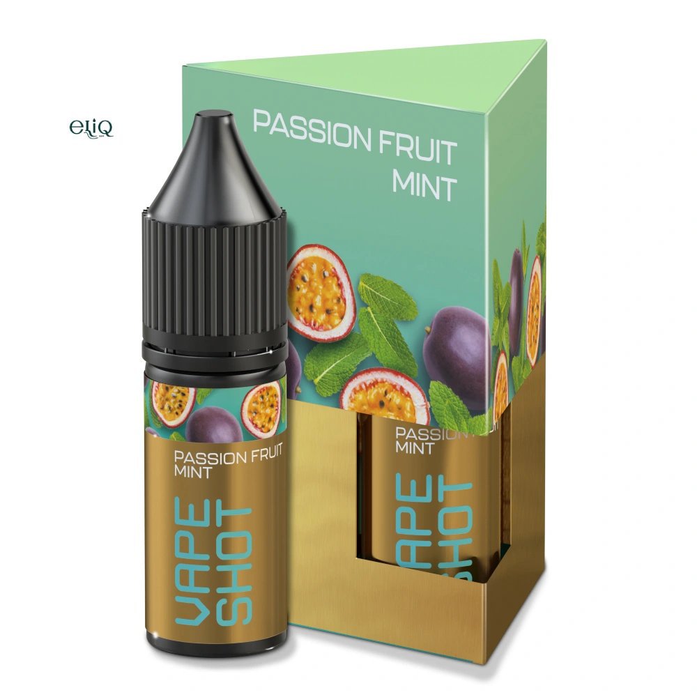 Набір VAPE SHOT Passion Fruit - Mint 15 мл — флакон перед коробкою на білому фоні