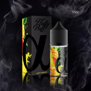 Juicy Mango Alpha Fluffy Puff соковите тропічне манго на темному фоні з білим паром
