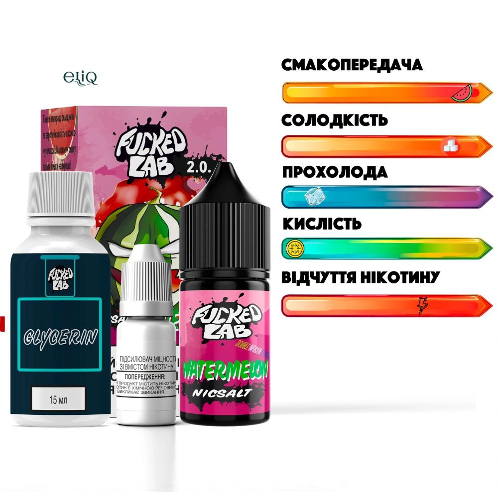 Набір F*cked Lab Watermelon Salt MIX Kit — флакон із ароматом солодкого кавуна перед коробкою на білому фоні