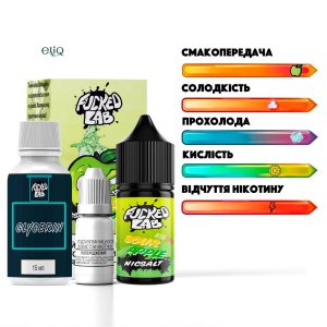 Набір F*cked Lab Sour Apple Salt MIX Kit — флакон зі смаком кислого яблука перед коробкою на білому фоні.
