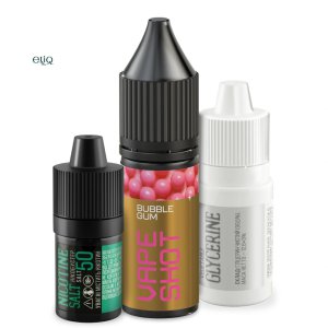 Компоненти набору Vape Shot Bubble Gum: аромамікс 6 мл, нікобустер, глицерин у флаконі 15 мл