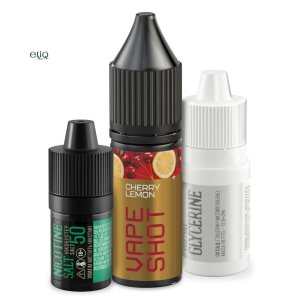 Компоненти набору Vape Shot Cherry Lemon : аромамікс 6 мл, нікобустер, глицерин у флаконі 15 мл
