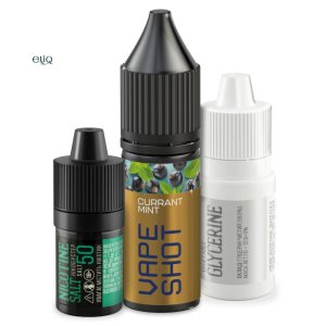 Компоненти набору Vape Shot Currant Mint : аромамікс 6 мл, нікобустер, глицерин у флаконі 15 мл