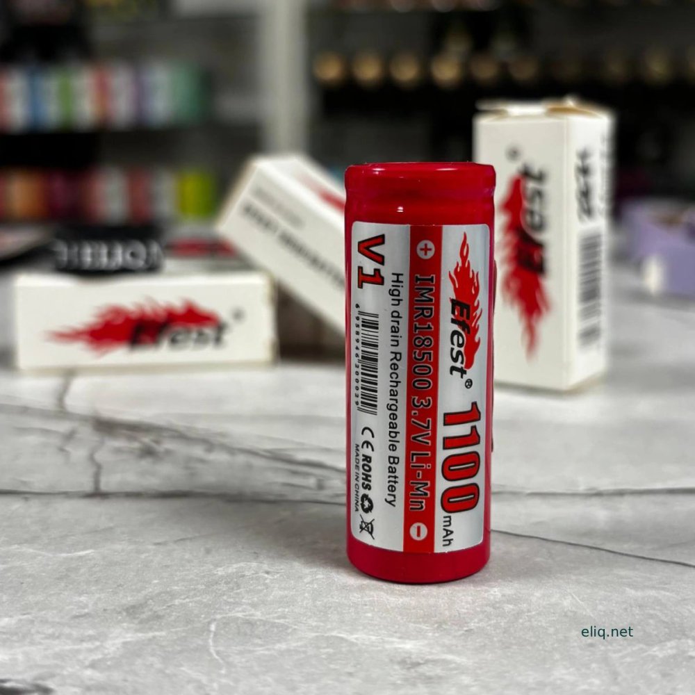 Акумулятор Efest IMR 18500 1100mAh з білим корпусом та червоними написами, плоский позитивний контакт