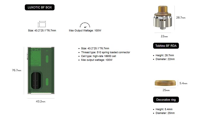Характеристики и размеры Wismec Luxotic BF Box Mod Kit with Tobhino BF RDA Элик