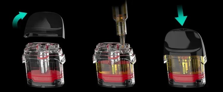 Демонстрація процесу заправки Vaporesso Luxe через верхній отвір після зняття мундштука